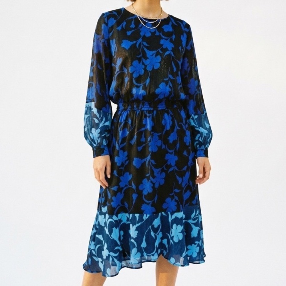 Laundry by Shelli Segal‎ Blue Floral Sheer Long Sleeve Hi-Low Midi Dress Size 6